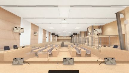 Vue de la salle d'audience où se déroulera le procès des attentats du 13 novembre 2015, depuis la table de justice.&nbsp; (MM ARCHITECTS DESIGNERS AND PLANNERS)