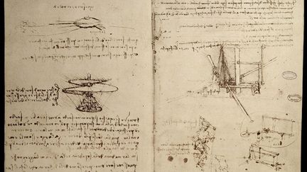 Manuscrit sur les machines volantes avec une representation a gauche de la vis aerienne, ancetre de l'helicoptere - Carnet de Leonard de Vinci (1452-1519), Vers 1487 - Paris, Bibliotheque de l'Institut de France. (PHOTO JOSSE)