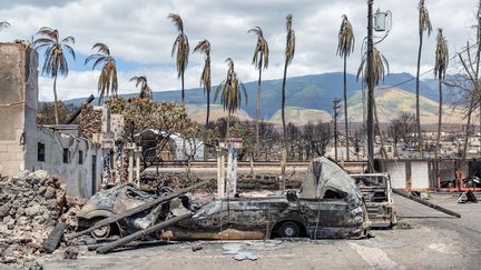 Une voiture et un bâtiment détruit par les flammes à Lahaina sur l'île de Maui à Hawaï le 11 août 2023. (MOSES SLOVATIZKI / AFP)