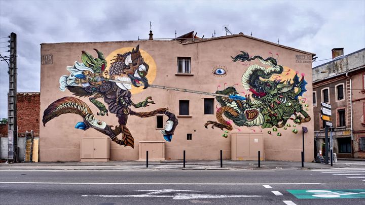 L'univers de l'artiste plasticien s'affiche partout en Europe et en France, notamment avec cette fresque dessinée à Montauban, en région Occitanie. (France 3 Midi-Pyrénées)