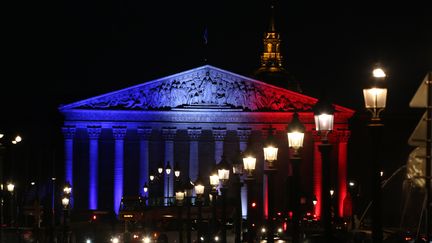 L'Assemblée nationale a été illuminée en bleu-blanc-rouge, mardi soir, en hommage aux victimes de l'attentat de Saint-Etienne-du-Rouvray. (LUDOVIC MARIN / AFP)