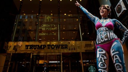 Gigi Love, une star de porno, défile lundi 14 novembre devant la Trump Tour à New York contre Donald Trump.&nbsp; (DREW ANGERER / GETTY IMAGES/ AFP)