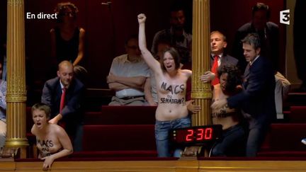 Des Femen font irruption lors d'une s&eacute;ance de questions au gouvernement, au S&eacute;nat, &agrave; Paris, le 17 juillet 2014. ( FRANCE 3 / FRANCETV INFO)