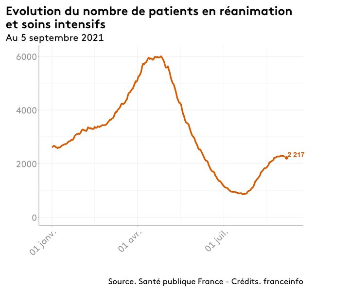 Le nombre de patients atteints du Covid-19 en réanimation en France, au 5 septembre 2021. (FRANCEINFO)