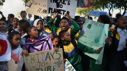 Le 14 juin dernier, des élèves sud-africains se sont mobilisés devant le Parlement du pays, au Cap, dans le cadre des manifestations organisées par Extinction Rébellion.&nbsp; (Rodger Bosch/AFP)