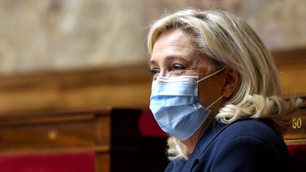 Marine Le Pen, présidente du Rassemblement national,&nbsp;lors du&nbsp;débat sur le projet de loi sur la "sécurité globale" à l'Assemblée nationale, le 20 novembre 2020 (photo d'illustration). (BERTRAND GUAY / AFP)