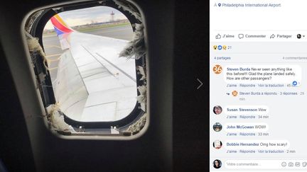 Capture d'écran d'une photo prise à l'intérieur du vol Southwest Airlines entre New York et Dallas (Etats-Unis), le 17 avril 2018. (MARTY MARTINEZ / FACEBOOK)