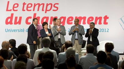 (De G &agrave; D) Jean-Christophe Cambad&eacute;lis, Martine Aubry, Jean-Marc Ayrault et Harlem D&eacute;sir, lors de la cl&ocirc;ture de l'universit&eacute; d'&eacute;t&eacute; du PS &agrave; La Rochelle (Charente-Maritime) le 26 ao&ucirc;t 2012. (NOSSANT / DUPUY / SIPA)