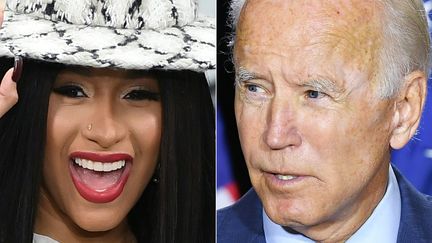 Cardi B (à gauche), arrivant à un défilé Chanel en octobre 2019, à Paris. Joe Biden (à droite) parlant à la presse à Wilmington (Delaware), le 13 août 2020.&nbsp; (CHRISTOPHE ARCHAMBAULT / AFP)