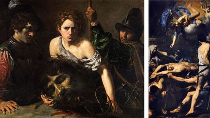 Valentin de Boulogne, à gauche "David et Goliath", vers 1615-1616 - A droite "Martyre des saints Procès et Martinien, vers 1629-1630, Vatican Pinacoteca
 (A gauche Museo Thyssen-Bornemisza, Madrid - A droite © Musées du Vatican, Cité du Vatican, Rome)