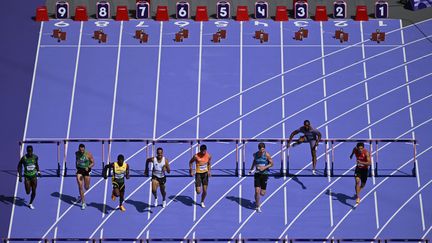 Freddie Crittenden, 4e des derniers Mondiaux de Budapest en 110m haies, en retrait lors des séries aux Jeux olympiques au Stade de France le 4 août 2024. (ANTONIN THUILLIER / AFP)