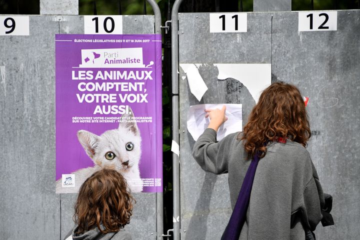 Affiche de campagne du Parti animaliste aux élections législatives, en juin 2017. (LOIC VENANCE / AFP)