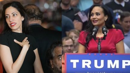 Huma Abedin, directrice adjointe de la campagne d'Hillary Clinton, et Katrina Pierson, porte-parole de Donal Trump, deux conseillères aux styles très différents. (ANDREW THEODORAKIS / GETTY IMAGES NORTH AMERICA / AFP / Capture d&#039;écran Youtube)