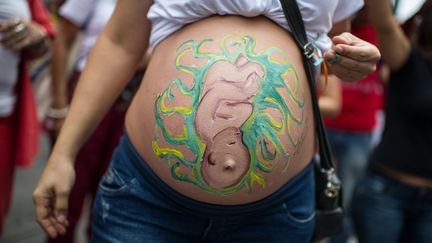 Une femme enceinte manifeste contre de nouvelles mesures impos&eacute;es lors d'accouchements &agrave; Sao Paulo (Br&eacute;sil), le 3 f&eacute;vrier 2013. (YASUYOSHI CHIBA / AFP)