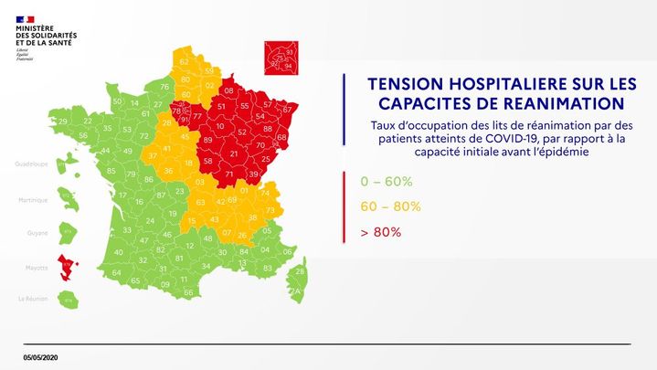 Carte de la tension hospitalière en réanimation au 6 mai 2020. (DGS / FRANCEINFO)