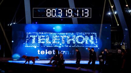 Le compteur de dons du Téléthon, le 4 décembre 2016, à l'hippodrome de Longchamp à Paris. (PHILIPPE LOPEZ / AFP)