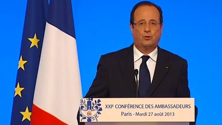 Fran&ccedil;ois Hollande lors de la Conf&eacute;rence des ambassadeurs, le 27 ao&ucirc;t 2013 &agrave; l'Elys&eacute;e (Paris). ( FRANCETV INFO)