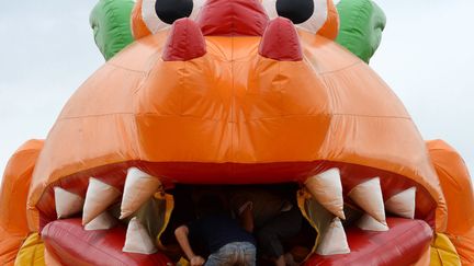 Des enfants jouent sur une aire de jeu gonflable &agrave; Teltow (Allemagne), le 12 juillet 2013. (RALF HIRSCHBERGER / DPA / AFP)