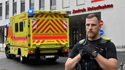 Une ambulance de l'armée allemande transportant vraisemblablement Alexei Navalny, figure de l'opposition russe, arrive le 22 août 2020 à l'hôpital Charite de Berlin. (JOHN MACDOUGALL / AFP)