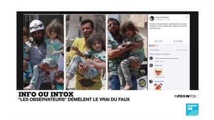 Ces trois images ont été présentées par des internautes comme le sauvetage de la même petite fille à trois endroits différents. Mais il n'en est rien. (FRANCE 24)