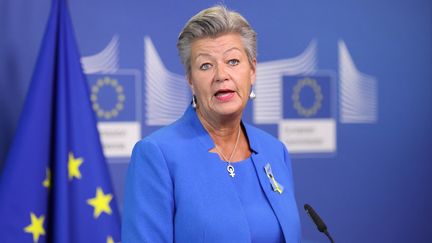 La commissaire aux affaires intérieures de l'UE Ylva Johansson, lors d'une conférence de presse à Bruxelles (Belgique), le 6 septembre 2022.&nbsp; (DURSUN AYDEMIR / ANADOLU AGENCY / AFP)