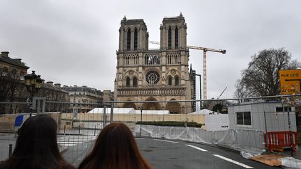 Des touristes observent la cathédrale Notre-Dame de Paris, encore en travaux, le 8 janvier 2020. (MAXPPP)