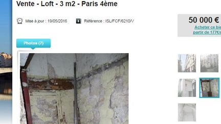 Capture d'écran d'une annonce immobilière proposant un "loft" de 3 m² sur l'île Saint-Louis, à Paris, pour 50 000 euros. (IMMOSTREET.COM)