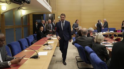 Christophe Castaner, délégué général de LREM, lors de son audition devant la commission des lois du Sénat, à propos de l'affaire Benalla, le 31 juillet 2018, à Paris.&nbsp; (THOMAS SAMSON / AFP)