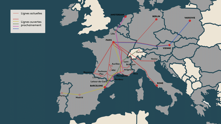 Carte des lignes de train de nuit actuelles et en projet. (PAULINE LE NOURS / FRANCEINFO)