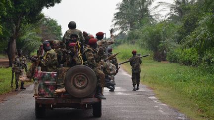 Patrouille de rebelles de la Seleka à Berongo, à 60 km de la capitale Bangui, en mars 2013. (PATRICK FORT / AFP)