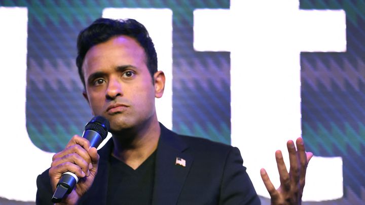 Le candidat républicain à la présidentielle américaine Vivek Ramaswamy lors d'un débat à Chicago, le 19 mai 2023. (SCOTT OLSON / GETTY IMAGES NORTH AMERICA)