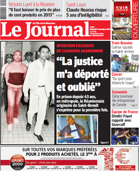 Le Journal de La Réunion publié le 9 novembre 2012 une lettre de Casanova Agamemnon.&nbsp; (DR)