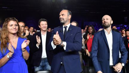 Marlène Schiappa, Benjamin Griveaux, Edouard Philippe et Stanislas Guerini, le 8 septembre 2019, lors du "Campus des territoires" de LREM à Bordeaux (Gironde). (GEORGES GOBET / AFP)