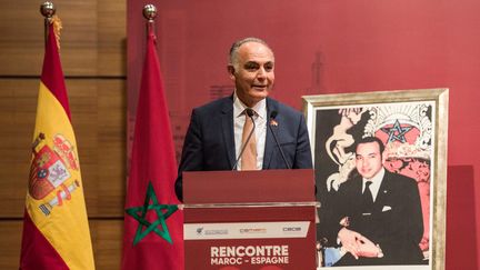 Salaheddine Mezouar, ancien ministre des Affaires étrangères du Maroc et président de la Confédération générale des entreprises marocaines (CGEM), lors du lancement du Conseil économique Maroc-Espagne, à Rabat, le 14 février 2019. (- / AFP)