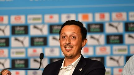 Pablo Longoria, président de l'OM, en conférence de presse le 13 août 2020. (GEORGES ROBERT / LA PROVENCE via MAXPPP)