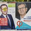 Affiches de la campagne de Benoît Hamon et Jean-Luc Mélenchon, à Grenoble (Isère), le 3 avril 2017. (FRANCOIS HENRY/REA / REA)