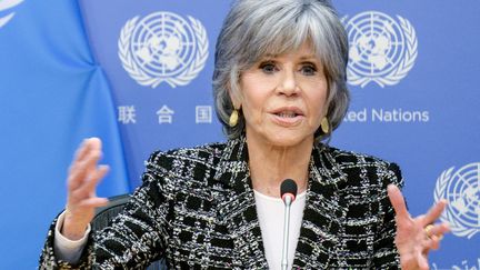 L'actrice Jane Fonda lors d'une conférence de presse sur les océans à l'ONU, à New York, le 21 février 2023. (ANGELA WEISS / AFP)