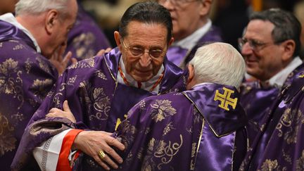 Le cardinal espagnol&nbsp;Julian Herranz Casado salue un autre cardinal, le 13 f&eacute;vrier 2013, au Vatican, lors d'une messe pr&eacute;sid&eacute;e par le pape Beno&icirc;t XVI. (GABRIEL BOUYS / AFP)