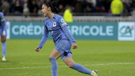 Sakina Karchaoui célèbre son but contre l'Allemagne en demi-finale de la Ligue des Nations, le 23 février 2024. (JEAN CATUFFE / AFP)