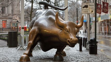 L'imposant "Charging Bull" (Taureau en train de charger) du sculpteur sicilien Arturo Di Monica, installé devant Wall Street (New York, Etats-Unis) depuis 1989. (MANUEL COHEN / AFP)