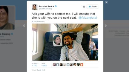 Le message de Sushma Swaraj, ministre des Affaires étrangères indienne, publié le 8 août 2016. (TWITTER)