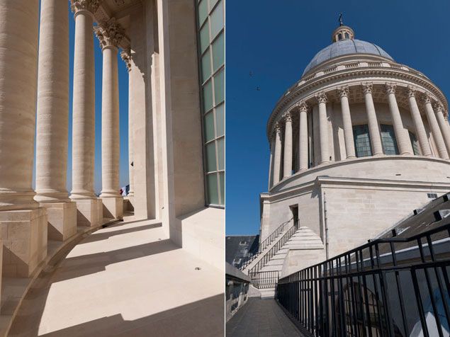 &nbsp; (Péristyle du tambour du dôme (gauche) et dôme vu depuis la coursive sud-ouest (droite) © Benjamin Gavaudo / Centre des monuments nationaux)