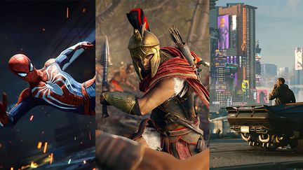 Cature des jeux vidéo (de G à D) Marvel's Spider-Man, Assassin's Creed Odyssey, Cyberpunk 2077 et The Last of Us, part II. (DR)