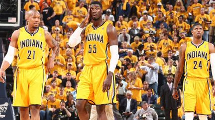 Les joueurs d'Indiana David West, Roy Hibbert et Paul Georges