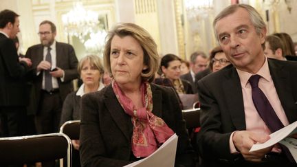 La pr&eacute;sidente du jury, Arlette Chabot, et Gilles Leclerc, le pr&eacute;sident de Public S&eacute;nat, lors de la pr&eacute;c&eacute;dente c&eacute;r&eacute;monie du Trombinoscope, le 28 janvier 2014, &agrave; Paris.&nbsp; (MAXPPP)