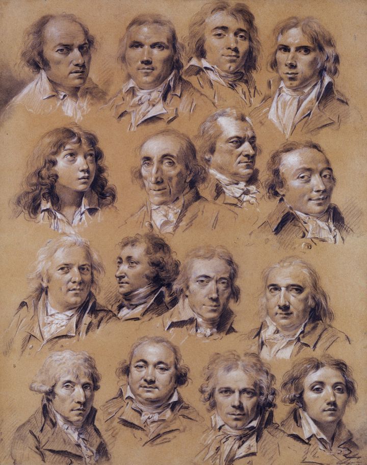 Boilly, Portrait de seize hommes, XVIIIe siècle.Pierre noire, réhauts de blanc sur papier beige, 57,5 x 47,5 cm,Collection Prat. (Studio Sebert)