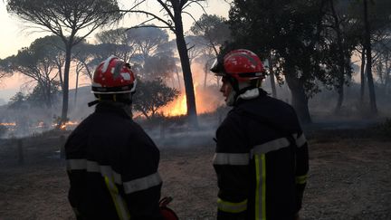 Près de 1 200 pompiers luttent contre les reprises de feu dans le massif des Maures, dans le Var, rapporte le commandant Florent Dossetti, du SDIS 83, mercredi 18 août. (NICOLAS TUCAT / AFP)