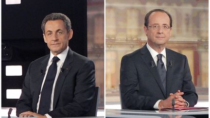 Nicolas Sarkozy et Fran&ccedil;ois Hollande, les deux candidats &agrave; l'&eacute;lection pr&eacute;sidentielle avant le d&eacute;bat t&eacute;l&eacute;vis&eacute; qui les a oppos&eacute;s, le 2 mai 2012 dans le studio de la Plaine-Saint-Denis pr&egrave;s de Paris. (PATRICK KOVARIK / POOL / AFP)