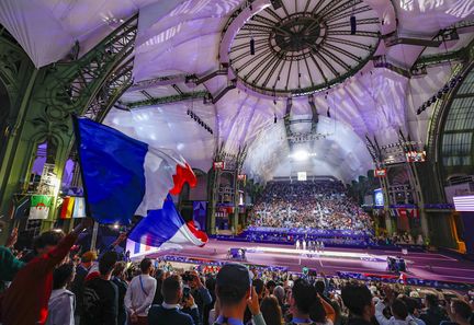 Des spectateurs assistent à une épreuve d'escrime au Grand Palais, à Paris, le 29 juillet 2024. (GREGORY LENORMAND / DPPI MEDIA / AFP)