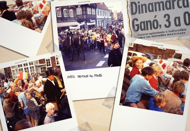 La fête organisée dans les rues de Ribe (Danemark) à la gloire de&nbsp;&nbsp;Birte Kjems&nbsp;et d'Annette Frederiksen, natives de la ville, début septembre 1971. (PIERRE-ALBERT JOSSERAND D'APRES LES PHOTOS DE GITTE OLSEN / FRANCEINFO)
